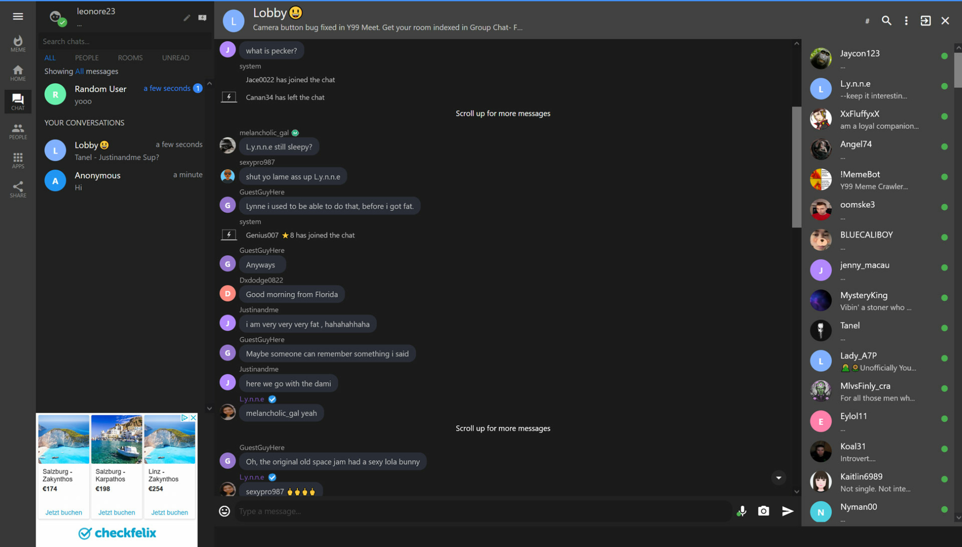 Lobby chat room of y99. Awesome software, lots of people.